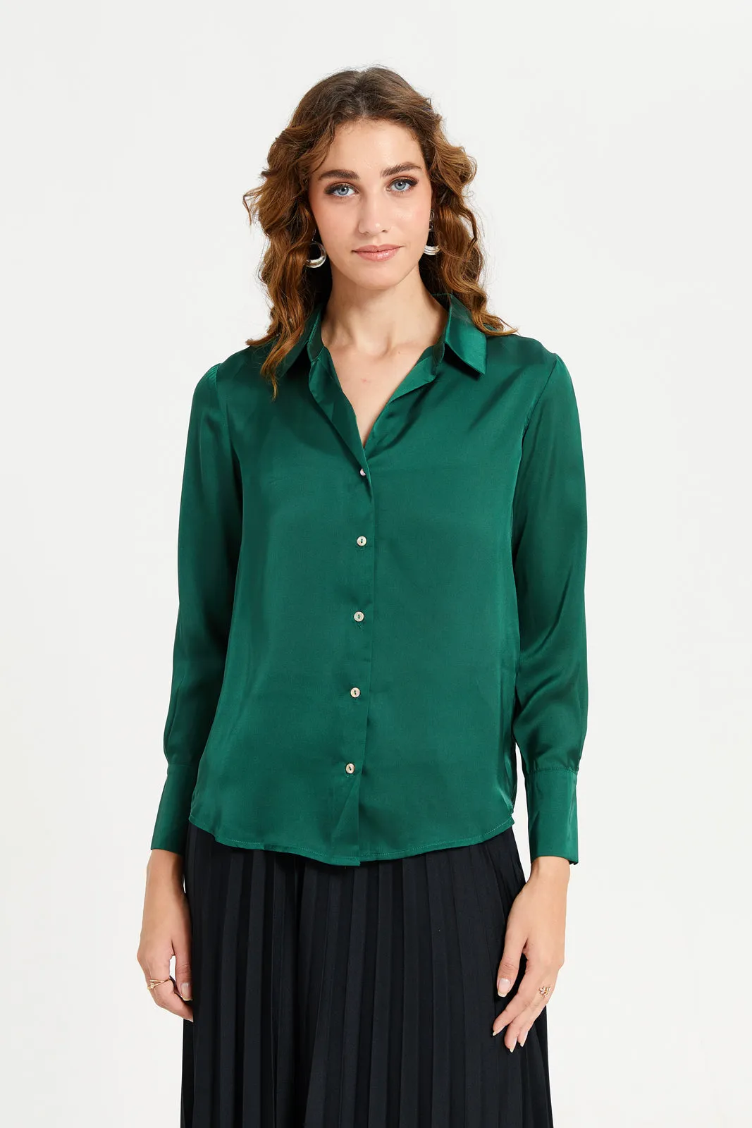 Women Green Solid Satin Shirt