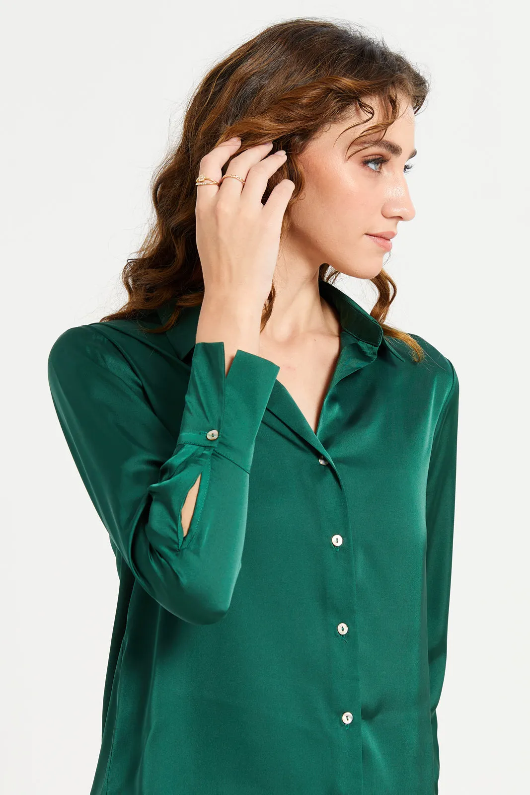 Women Green Solid Satin Shirt