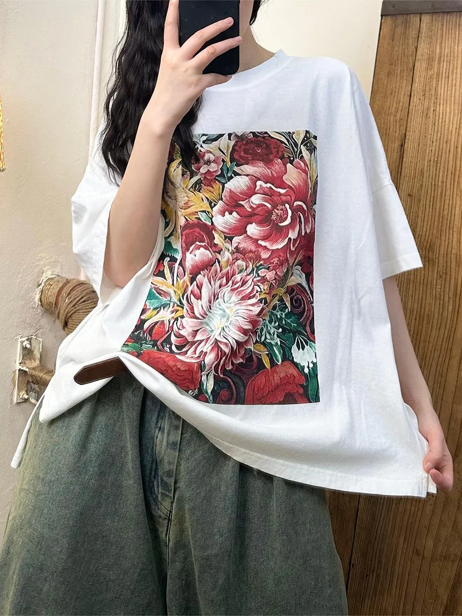 Women Summer Casual Flower Spliced Cotton Shirt AA1010