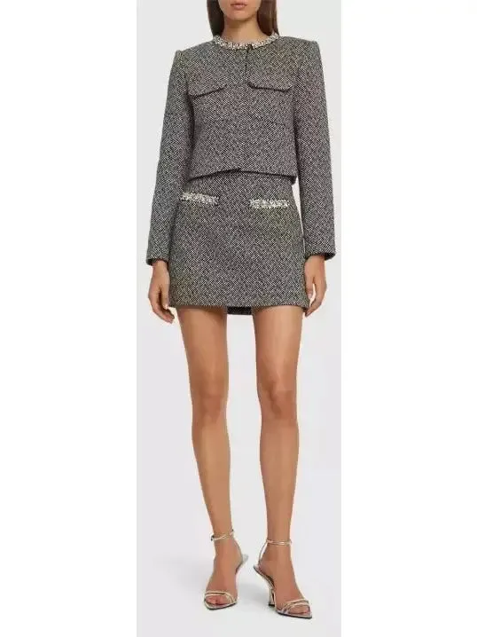 Women’s Cropped Embellished Herringbone Jacket and Skirt Set